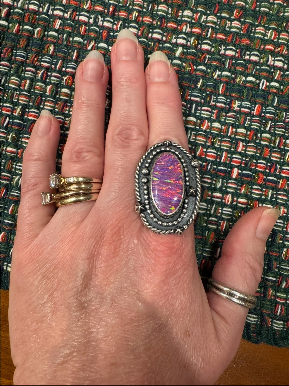 Blue and Blue Artisan Sterling Silver Pink Aura Opal Cosmos Star Statement Ring - Picture 13 of 16